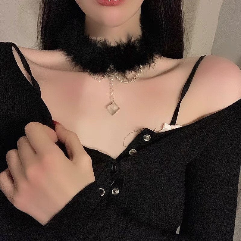 Furry Beaded Choker