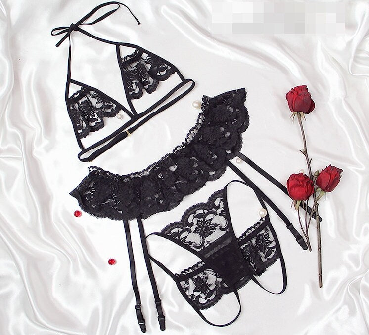 Naughty Waist Garter Lace Bra & Panty Outfit Set • Body Chain Accessories • Sex Cosplay Roleplay • Sexy Lingerie