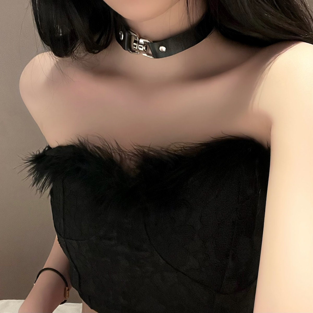 Interlock Leather Belt Choker Collar Necklace with Leash