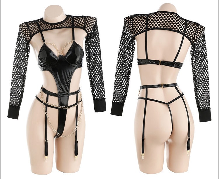 Net PU Leather Dominatrix Chained Suit Outfit Set • Sex Cosplay • Sexy BDSM Lingerie