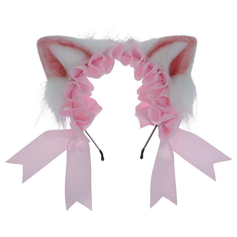 Pink Ruffles Furry Kitty Ears Headband Headpiece • Lolita Accessories • Adult Role Play • Cosplay Accessories