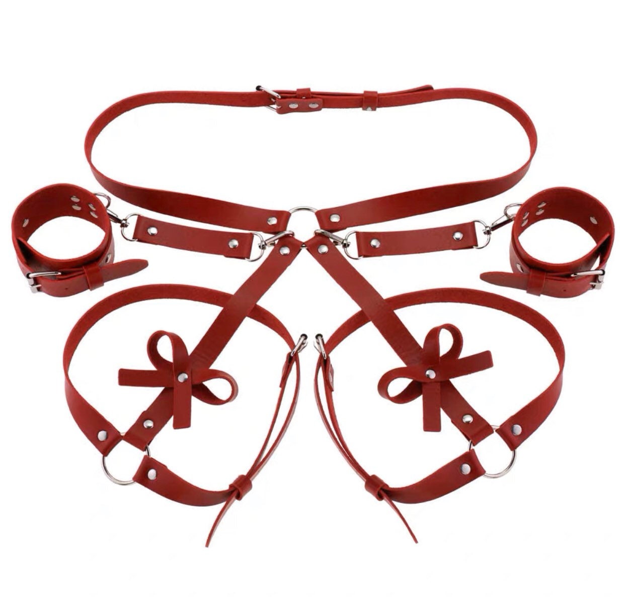 PU Leather Ribbon Bondage Restraint Garter Handcuffs Set • Adult Role Play • BDSM Bondage Restraints • Gag Fetish