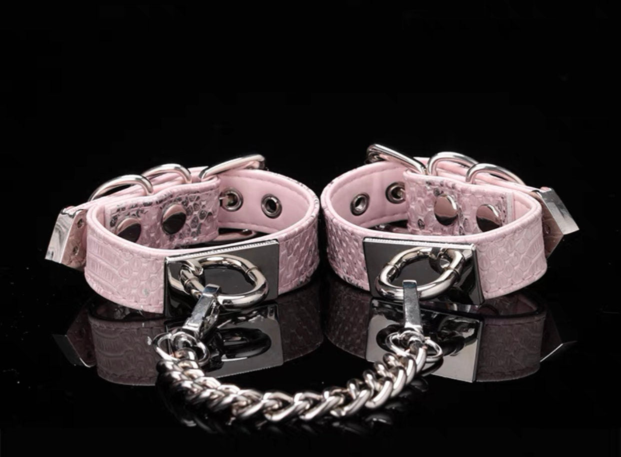 Snakeskin Leather Chain Handcuffs Leg Cuff • Adult Role Play • BDSM Bondage Restraints • Gag Fetish
