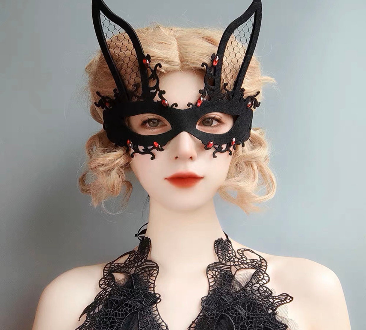 Lacey Bunny Black Rose Ears Masquerade Mask • Lolita Cosplay Accessories