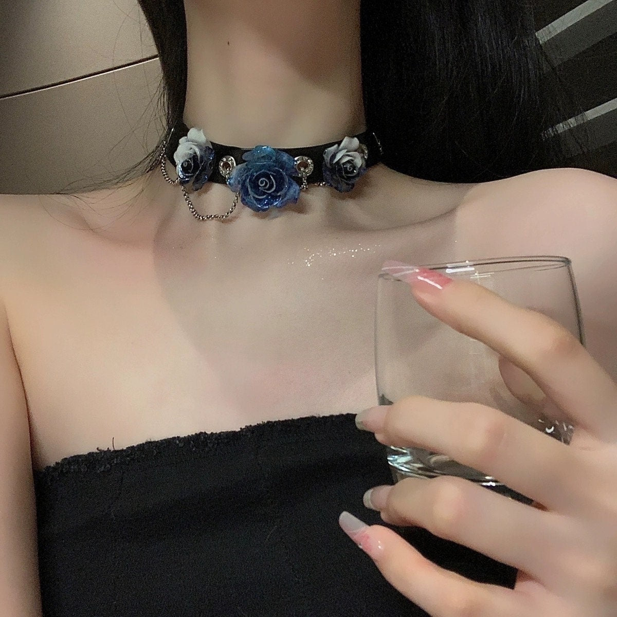 Glittery Blue Rose Floral Flower Collar Choker Chain Necklace