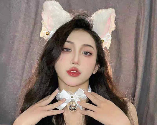 Furry Kitty Ears Headband Choker Set