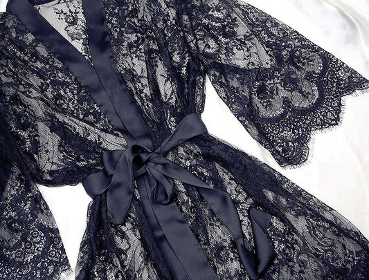 Sheer Lace Kimono Cover Up Robe PJs • Night Gown • Sexy Lingerie