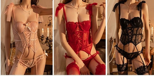 Shoulder Tie Ribbon Teddy Corset & Panty Outfit Set • Sex Cosplay • Sexy Lingerie