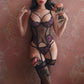 Sheer Rose Teddy Corset & Panty Garter Outfit Set  • Sex Cosplay  • Sexy BDSM Lingerie