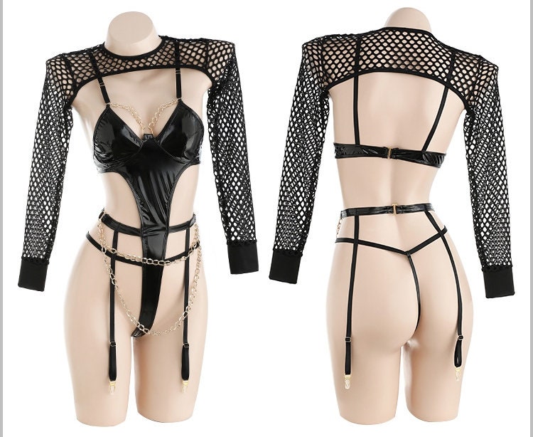 Net PU Leather Dominatrix Chained Suit Outfit Set  • Sex Cosplay  • Sexy BDSM Lingerie