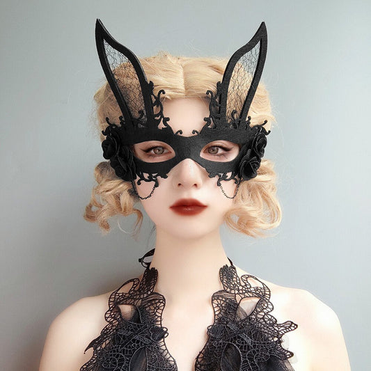 Lacey Bunny Black Rose Ears Masquerade Mask • Lolita Cosplay Accessories