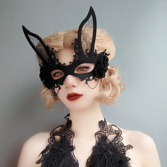 Lacey Bunny Black Rose Ears Masquerade Mask • Lolita Cosplay Accessories