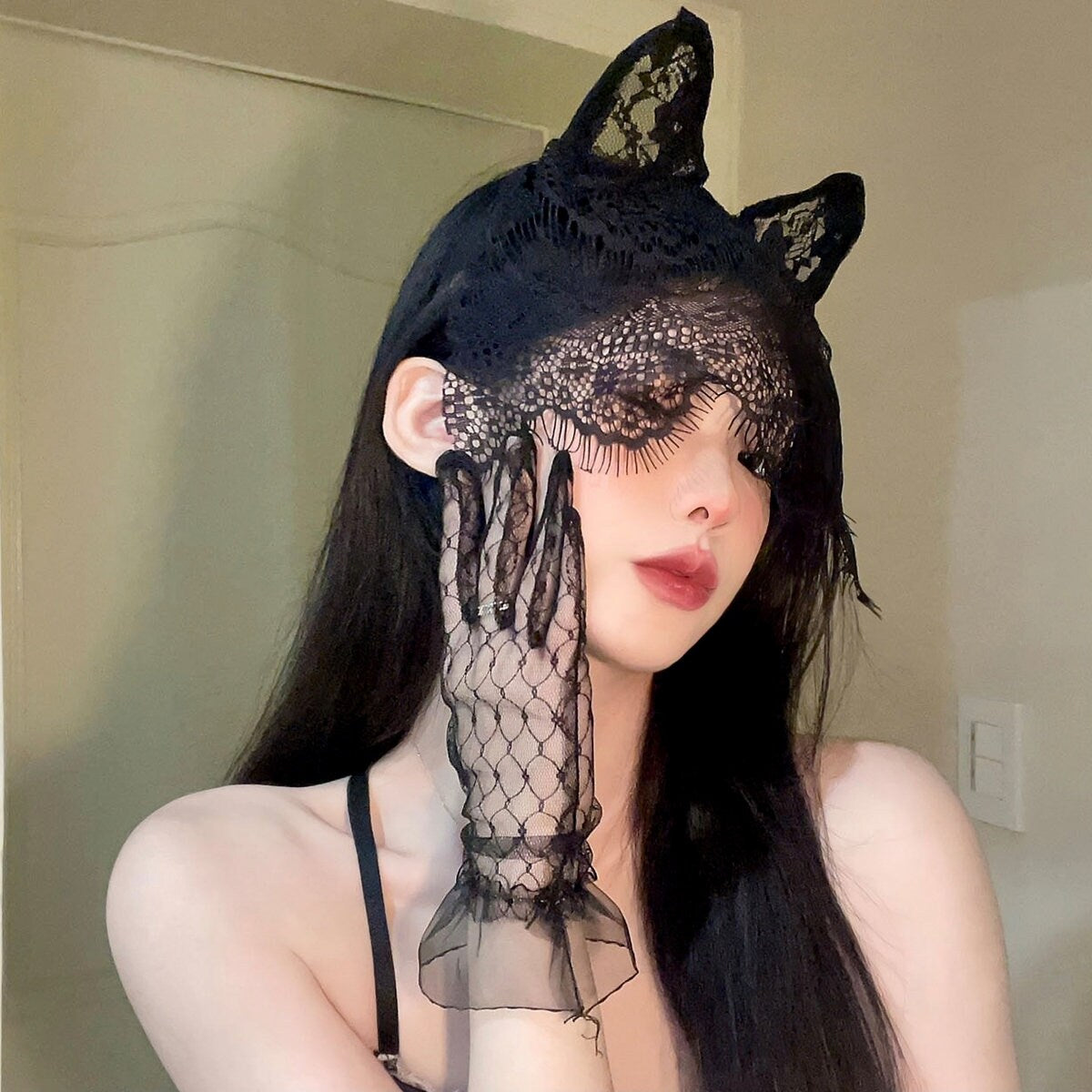 Kitty Ears Lace Veil Headband Hand Gloves Set • Cosplay Hair Accessories