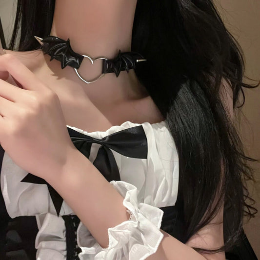 Little Devil Wings Heart PU Choker Collar Necklace with Leash • Sexy Seductive Choker • Ladies Accessories