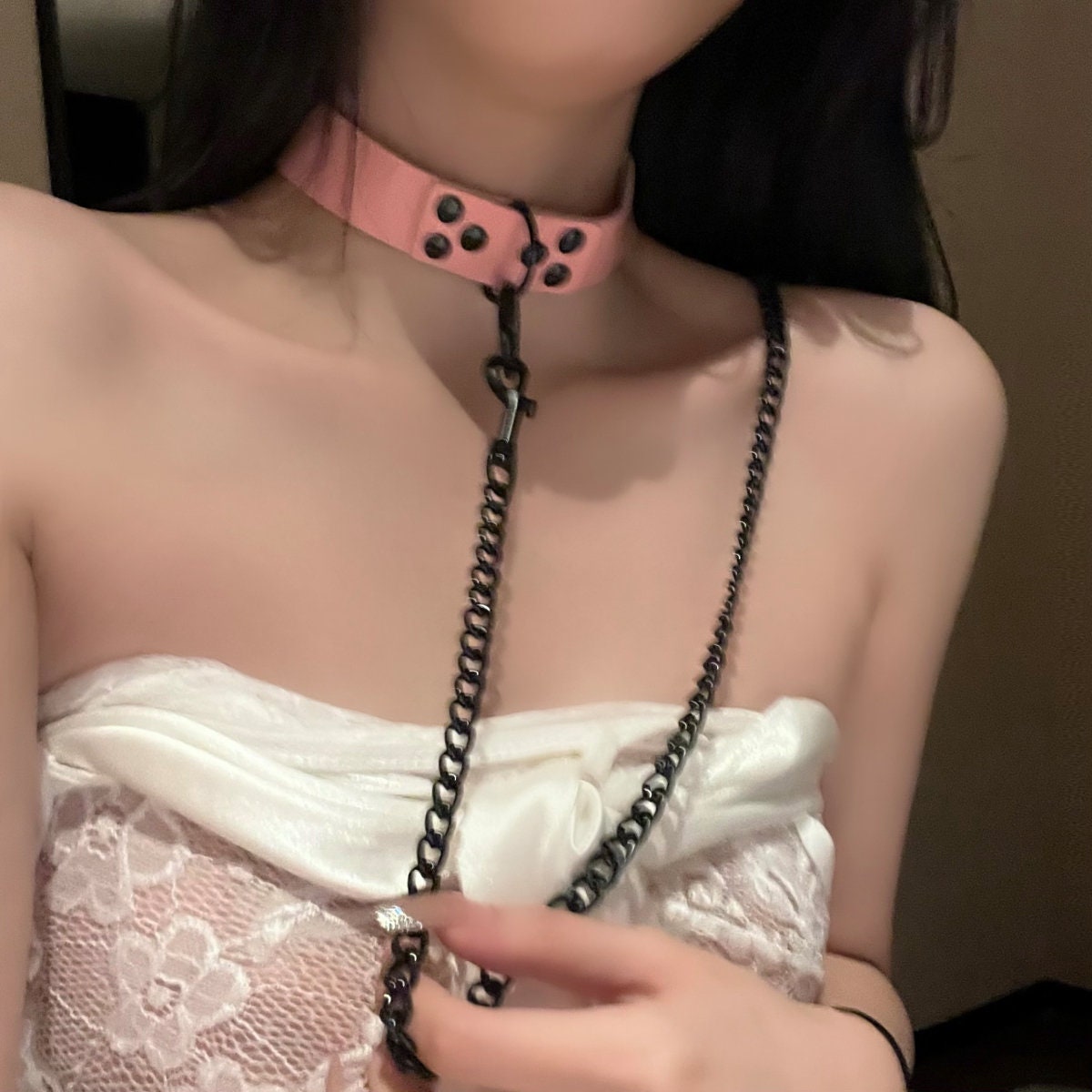 Black Pink Belt Choker with Leash