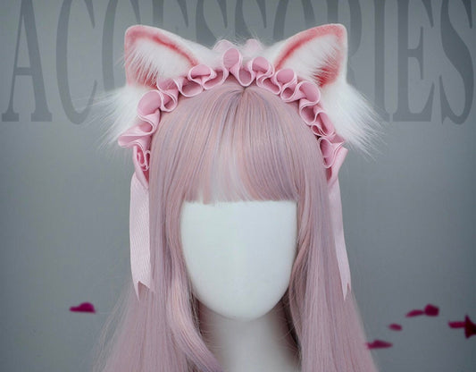 Pink Ruffles Furry Kitty Ears Headband Headpiece • Lolita Accessories • Adult Role Play • Cosplay Accessories