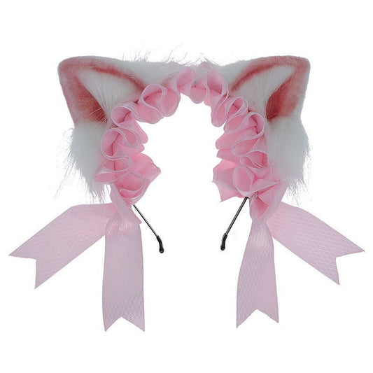 Pink Ruffles Furry Kitty Ears Headband Headpiece • Lolita Accessories • Adult Role Play • Cosplay Accessories