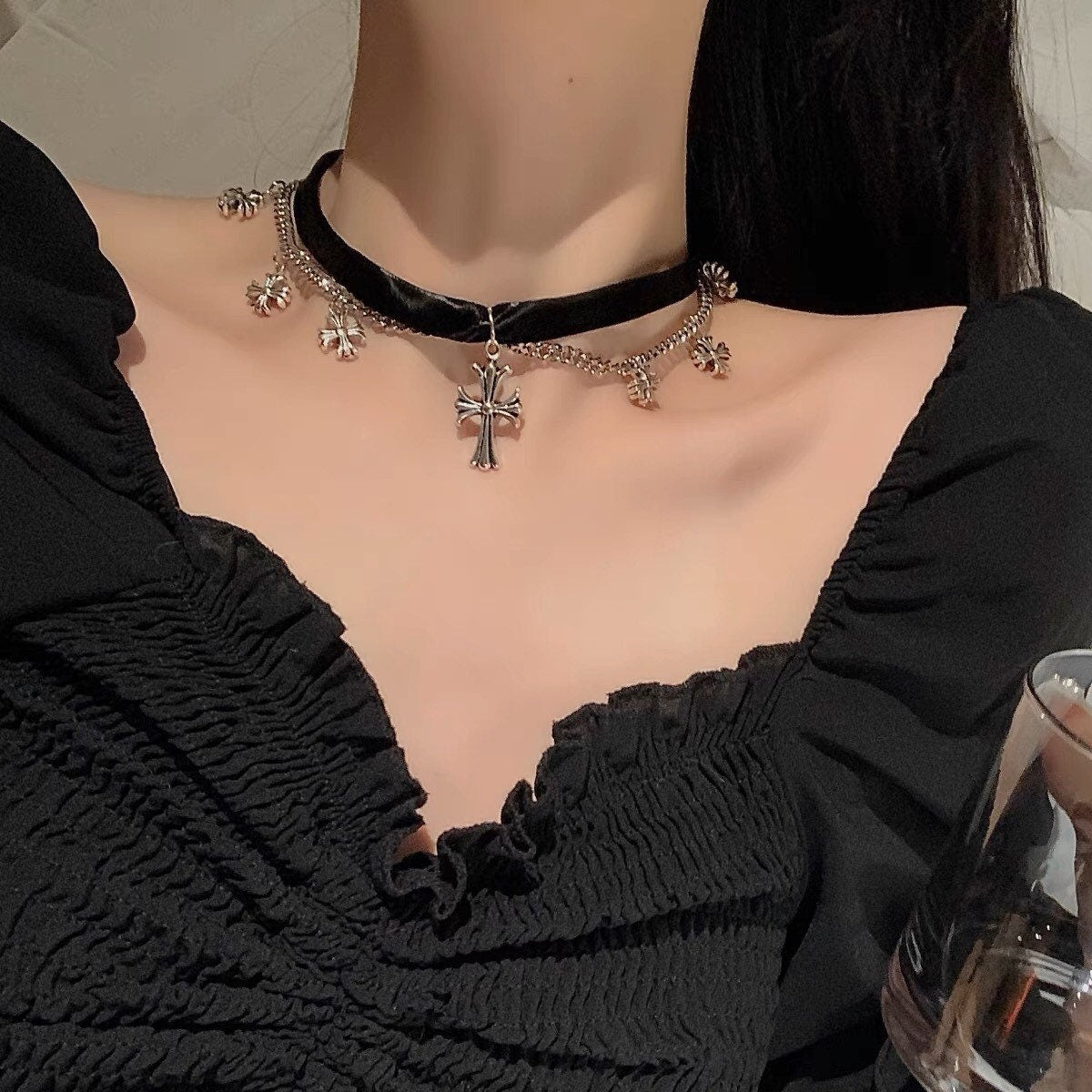 Velvet Roman Cross Gothic Collar Choker Chain Necklace • Lolita Accessories • Cosplay Accessories