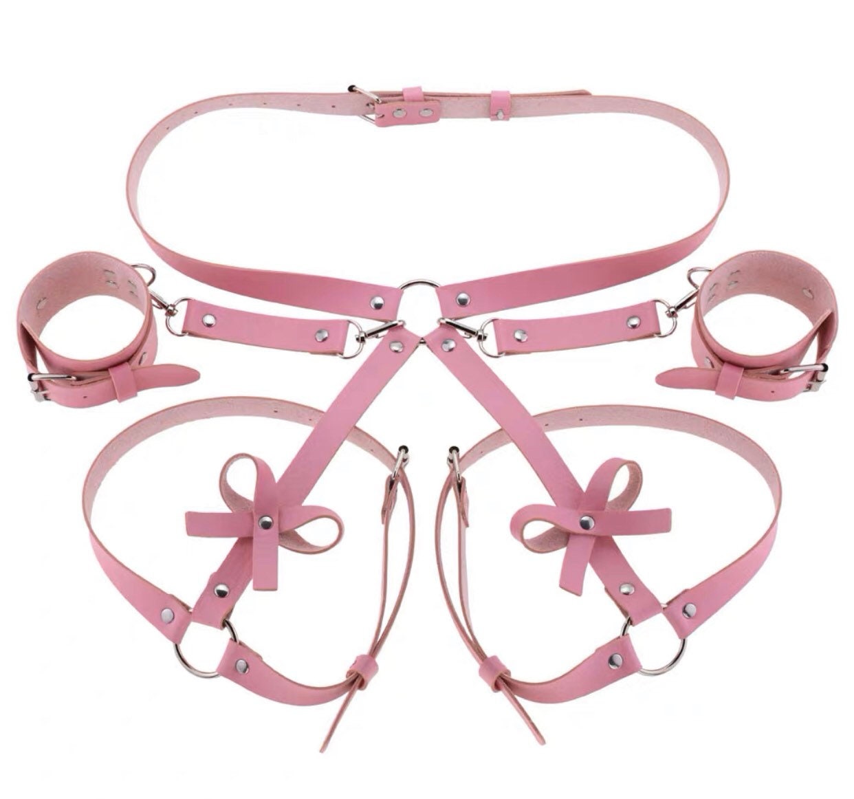 PU Leather Ribbon Bondage Restraint Garter Handcuffs Set • Adult Role Play • BDSM Bondage Restraints • Gag Fetish