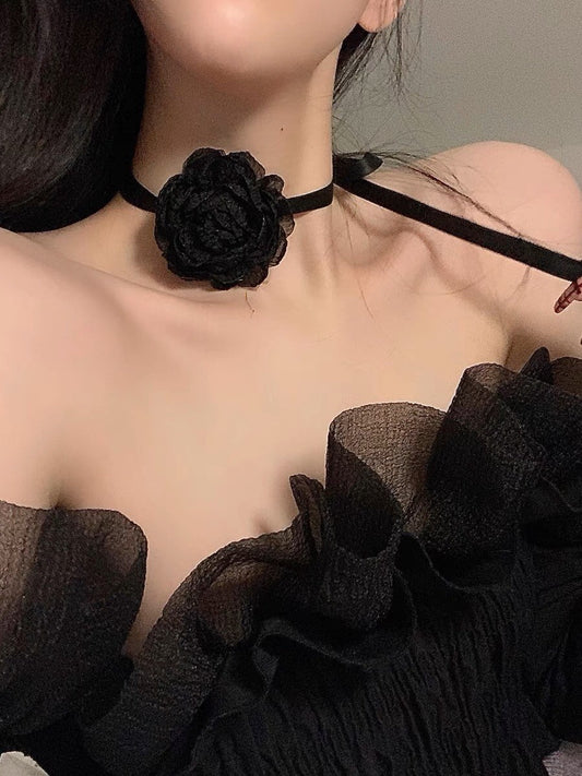 Black Rose Gothic Ribbon Sash Choker