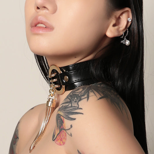 Trio Rings Tassel Choker Chain Necklace with Leash • Lolita Accessories • Adult Role Play • Cosplay Accessories