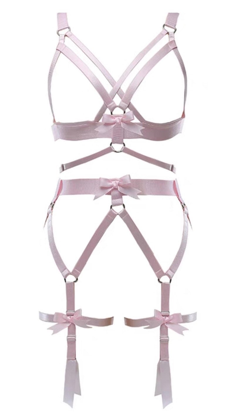 PU Leather Ribbon Body Harness Garter Set • Adult Role Play • BDSM Bondage Restraints • Sexy Lingerie • Body Accessories