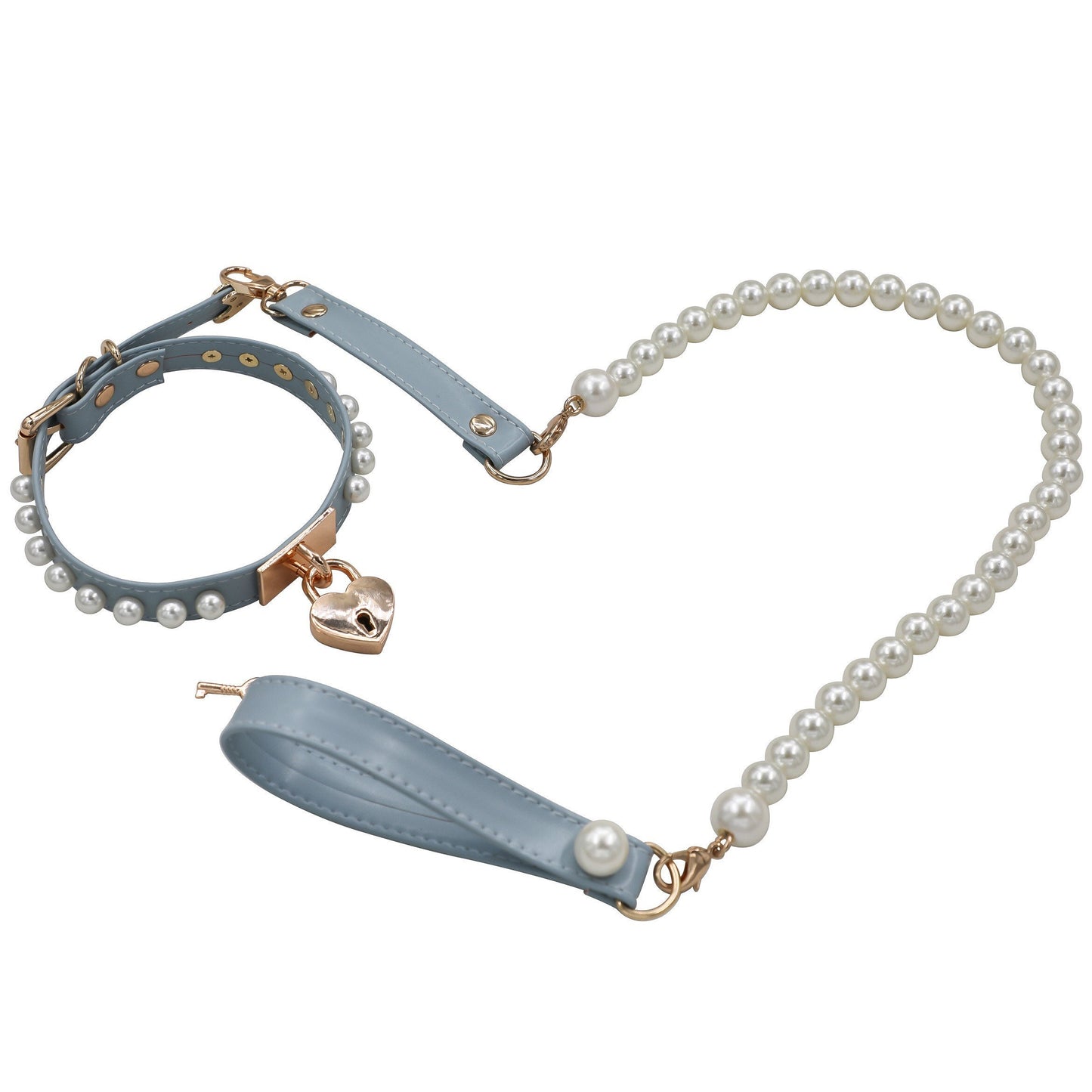 Pearls Heart Lock Choker Chain Necklace with Leash • Lolita Accessories • Adult Role Play • Cosplay Accessories