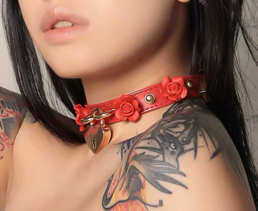 Rose Heart Lock Choker Chain Necklace with Leash • Lolita Accessories • Adult Role Play • Cosplay Accessories