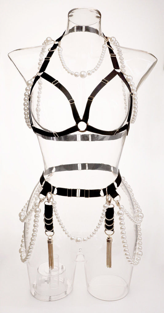 Pearls Exposed PU Leather Body Harness Garter Set • Adult Role Play • BDSM Bondage Restraints • Sexy Lingerie • Body Accessories