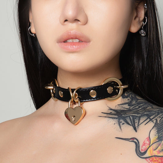 Simplified Heart Lock Choker Chain Necklace with Leash • Lolita Accessories • Adult Role Play • Cosplay Accessories