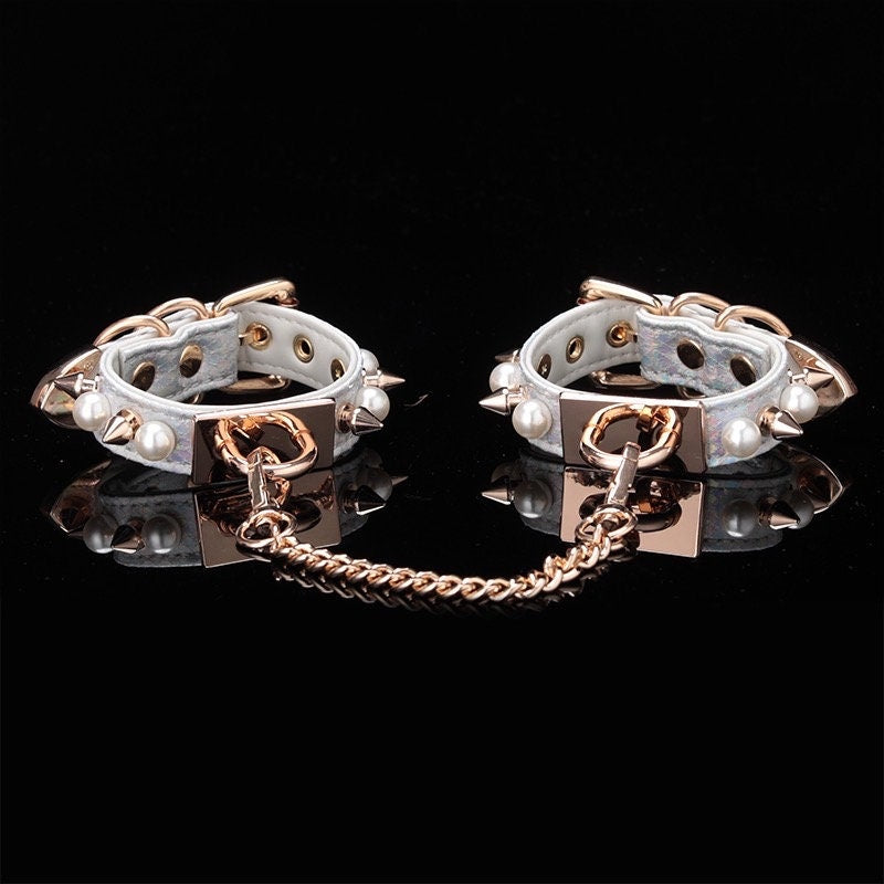 Detachable Spikey Pearl Leather Chain Handcuffs Leg Cuff