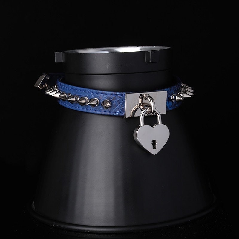 Spikey Steel Plate Heart Lock Choker Chain Necklace with Leash • Lolita Accessories • Adult Role Play • Cosplay Accessories