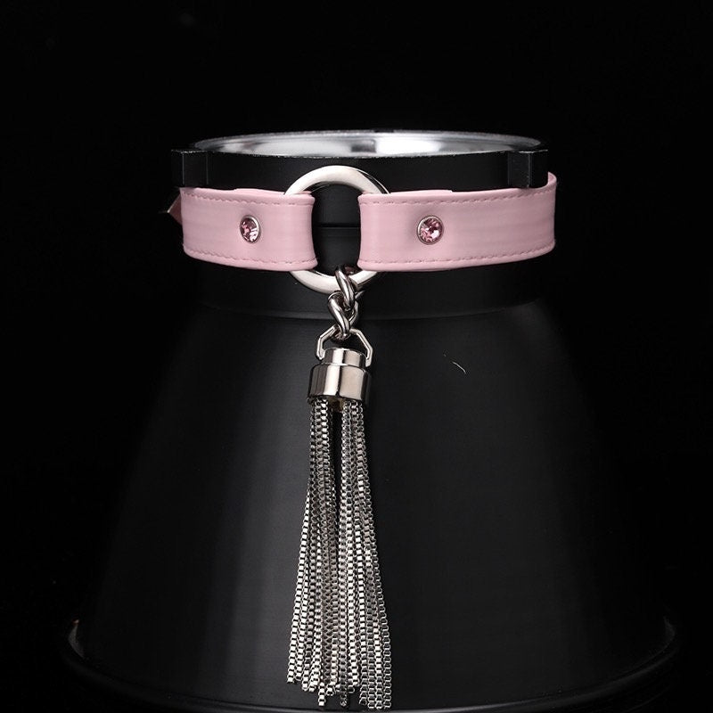 Ring Twisted Tassels Choker Chain Necklace with Leash • Lolita Accessories • Adult Role Play • Cosplay Accessories