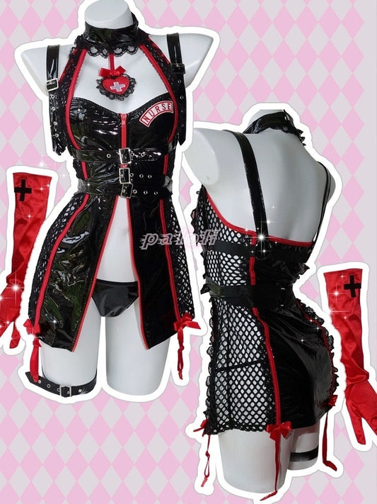 Nina Japanese Anime Leather PU Nurse Gloves Outfit Set