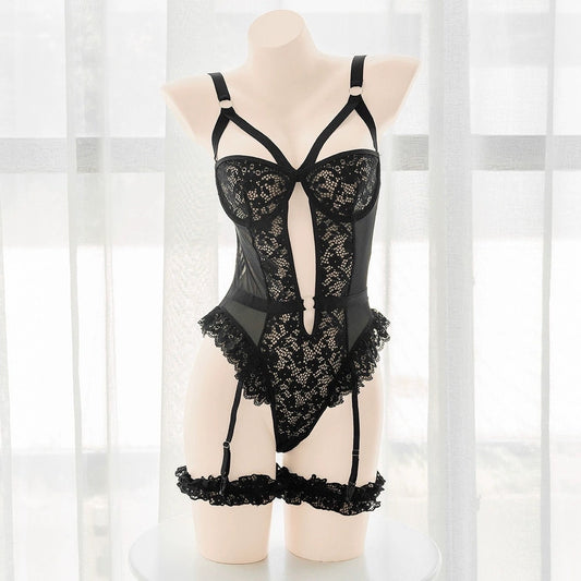 Thigh Garter Lace Ruffles Monokini Teddy Bodysuit Outfit Set • Sex Cosplay • Sexy Lingerie