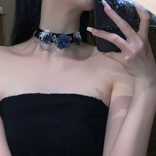 Glittery Blue Rose Floral Flower Collar Choker Chain Necklace