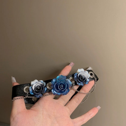 Glittery Blue Rose Floral Flower Collar Choker Chain Necklace