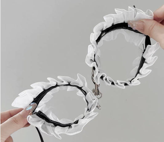 Maiden Ruffles Black Collar Chain Handcuffs Set • Adult Role Play • BDSM Bondage Restraints • Gag Fetish