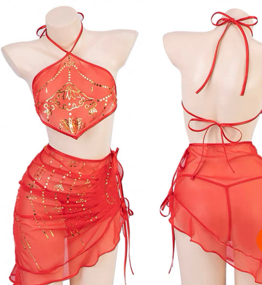 Golden Red Chinese Bridal Oriental Chinese Lingerie Set