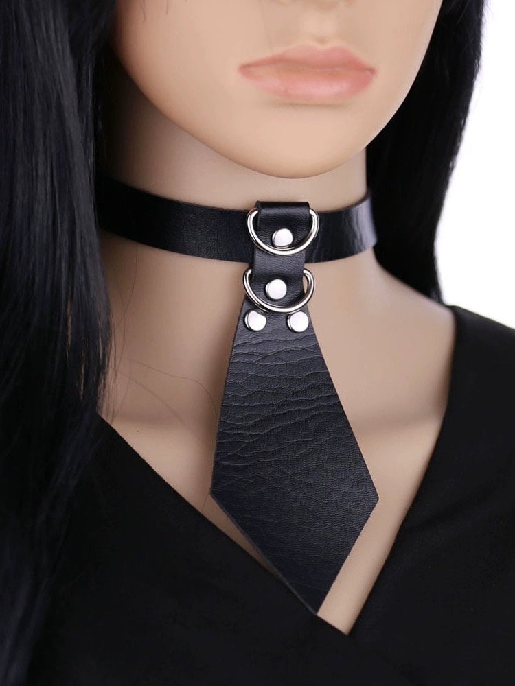 Mini Necktie Leather Collar Dominatrix Choker Chain Necklace with Leash • Lolita Accessories • Adult Role Play • Cosplay Accessories