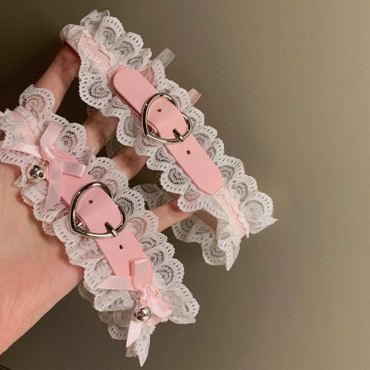 Pink White Heart Ruffles PU Belt Dominatrix Choker Chain Necklace with Leash • Lolita Accessories • Adult Role Play • Cosplay Accessories