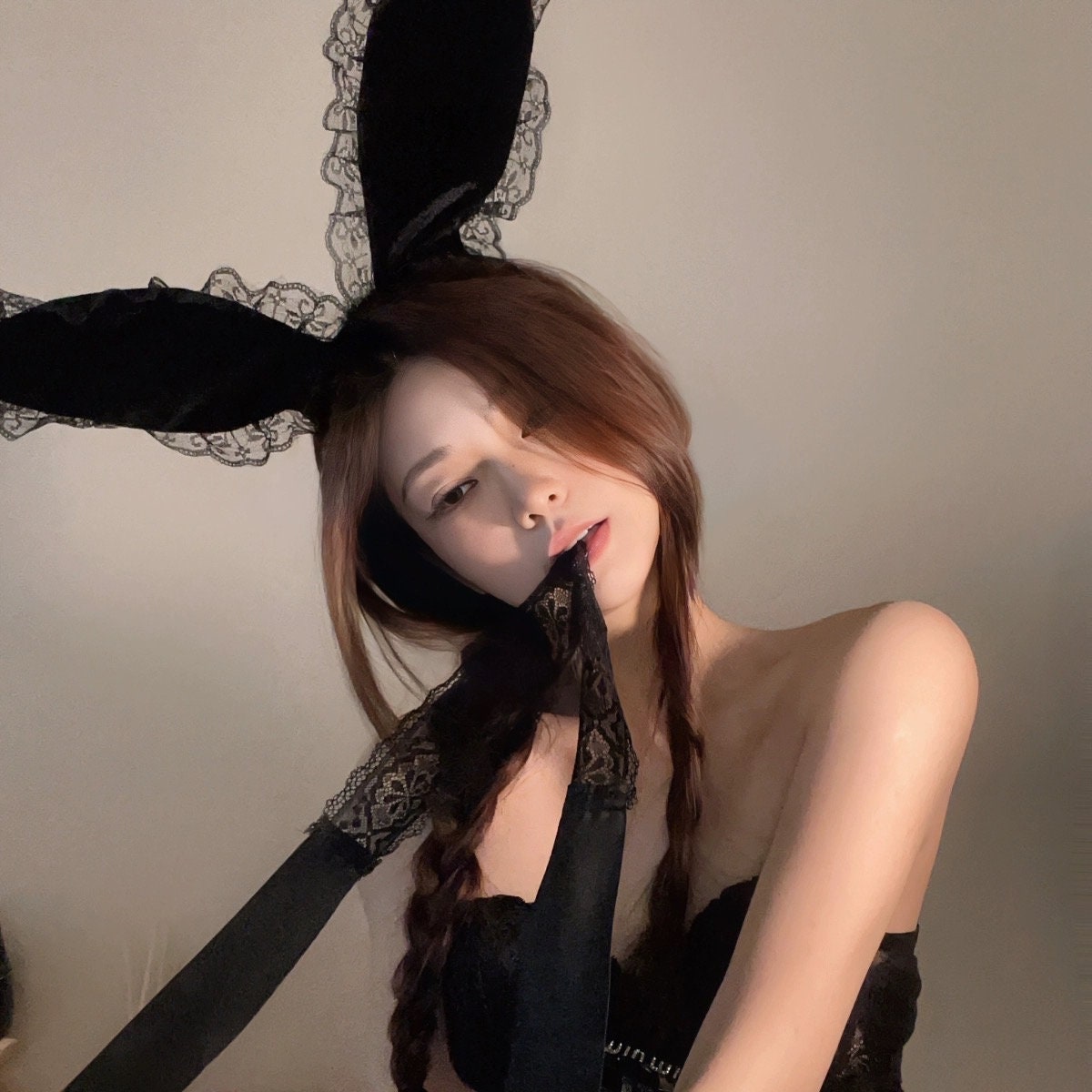 Big Lace Black Bunny Ears Lace Eyemask Headband Set