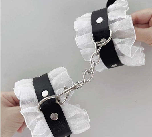 Maiden Ruffles Black Collar Chain Handcuffs Set • Adult Role Play • BDSM Bondage Restraints • Gag Fetish