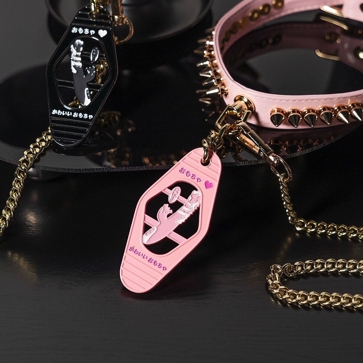 Spikey Dildo Tag Choker Chain Necklace with Leash • Lolita Accessories • Adult Role Play • Cosplay Accessories