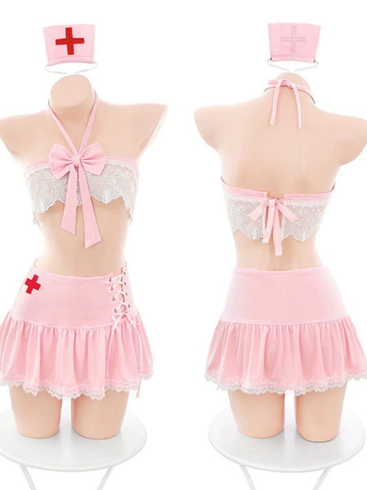 Sweet Pink Lace Japanese Anime Nurse Outfit Set • Sex Cosplay • Sexy BDSM Dominatrix Lingerie