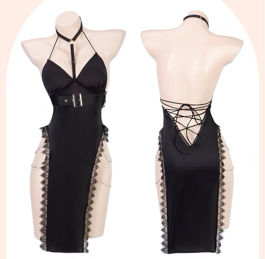 Matured Black Side Chains Sexy Long Nightgown Lingerie Dress Set • Sexy Nighties PJ Lingerie • Sex Roleplay