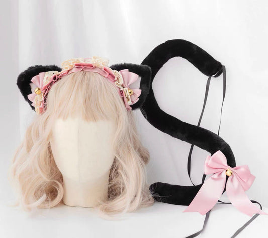 Kitty Ears Headband Headpiece with Tail Set • Lolita Accessories • Adult Role Play • Cosplay Accessories