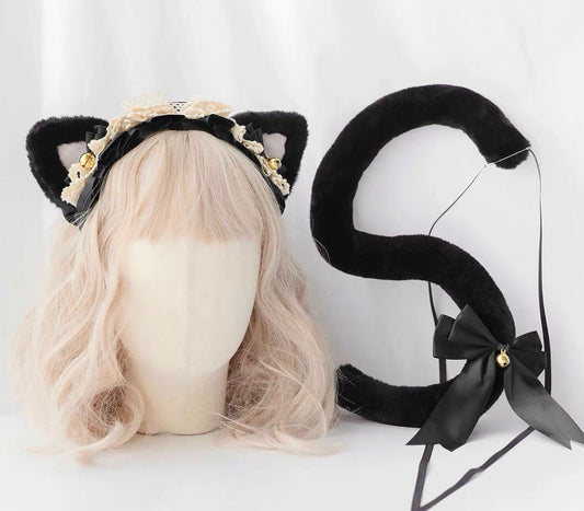 Kitty Ears Headband Headpiece with Tail Set • Lolita Accessories • Adult Role Play • Cosplay Accessories